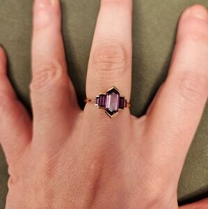 Amethyst Three Stone 10k Solid Rose Gold Ring - Size 8